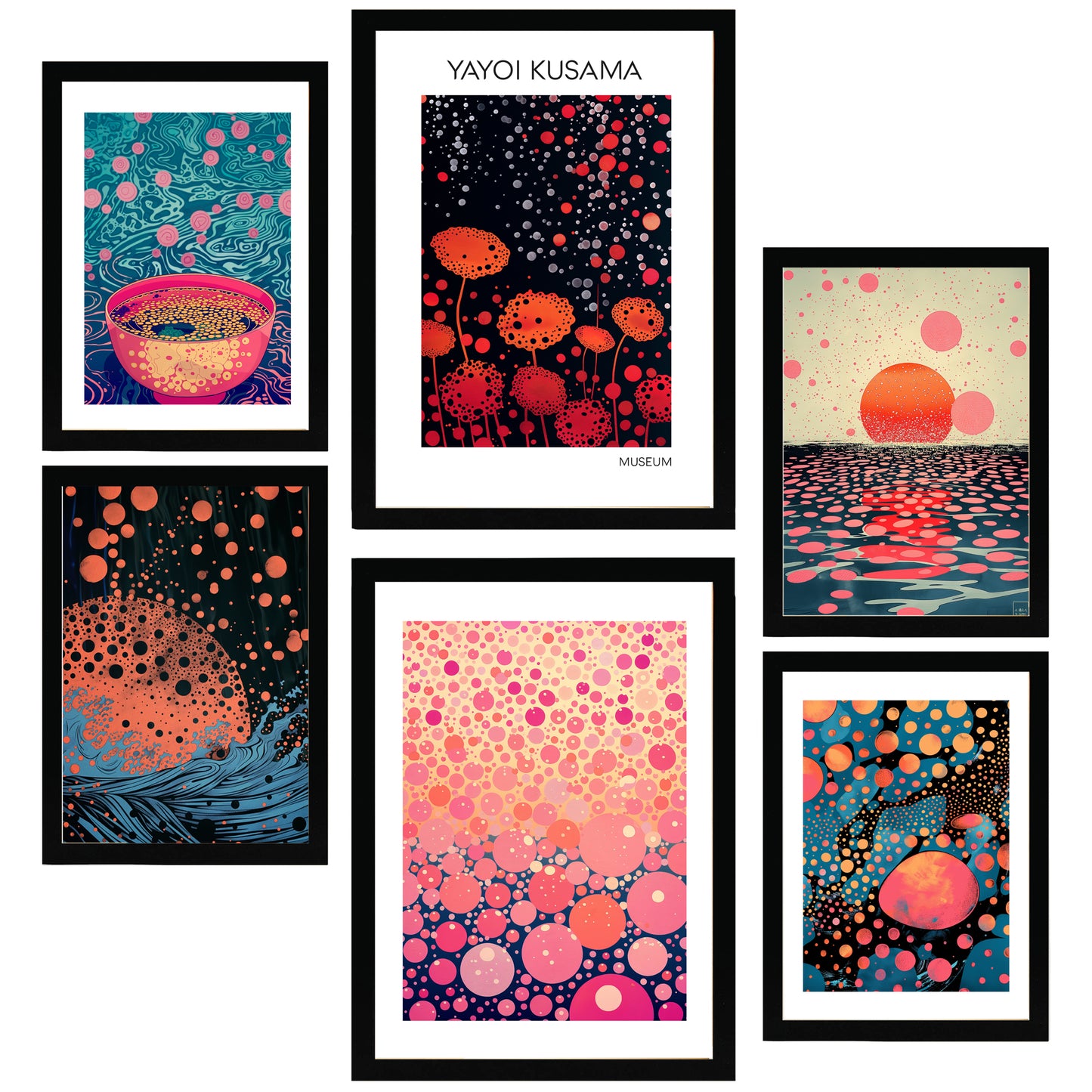 Set de 6 pósters estilo pop art japonés con ilustraciones de puntos y olas inspiradas en Yayoi Kusama en tonos rosa, naranja y azul para hogar moderno o tienda, 2 grandes y 4 medianos