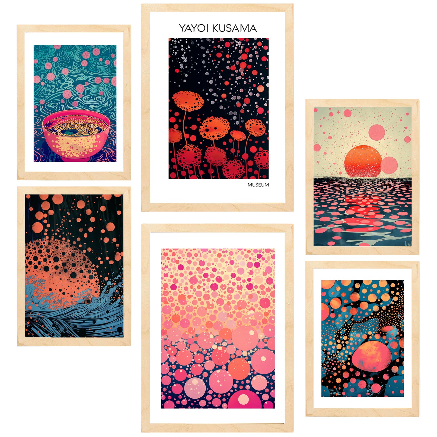 Set de 6 pósters estilo pop art japonés con ilustraciones de puntos y olas inspiradas en Yayoi Kusama en tonos rosa, naranja y azul para hogar moderno o tienda, 2 grandes y 4 medianos
