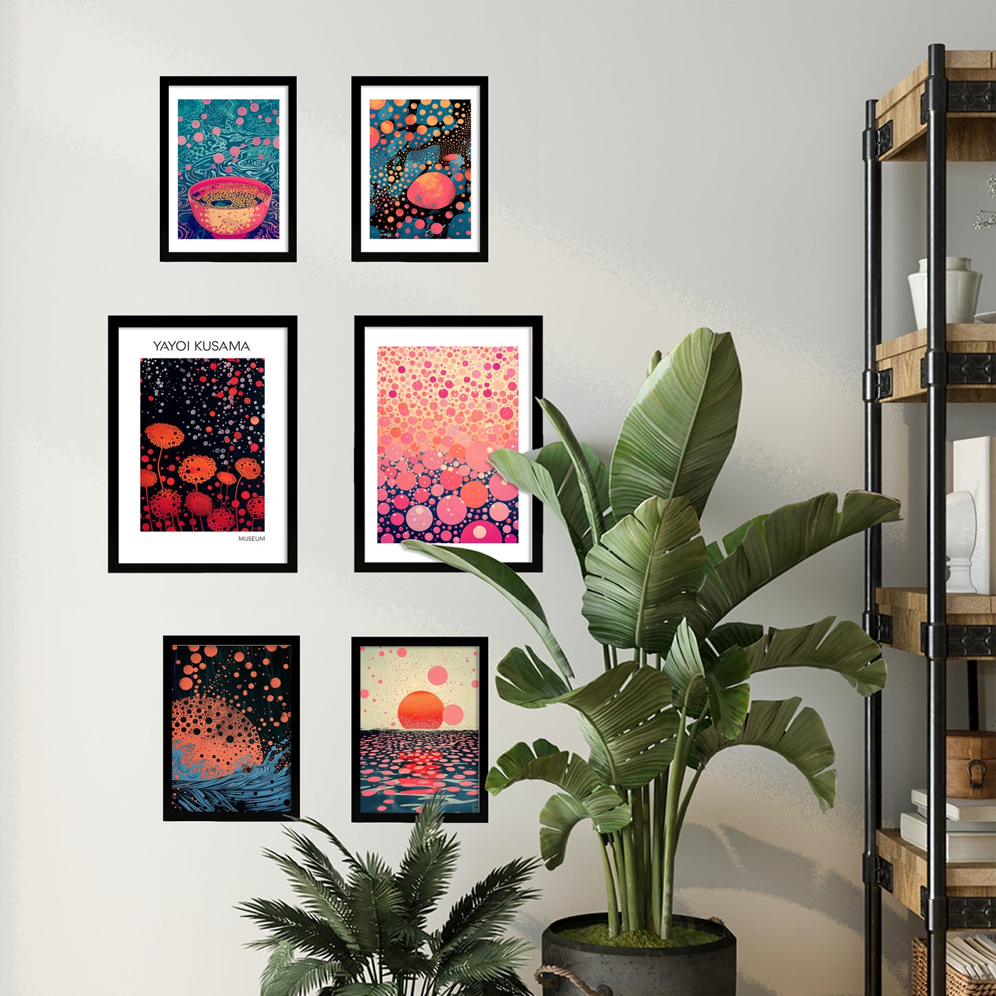 Set de 6 pósters estilo pop art japonés con ilustraciones de puntos y olas inspiradas en Yayoi Kusama en tonos rosa, naranja y azul para hogar moderno o tienda, 2 grandes y 4 medianos