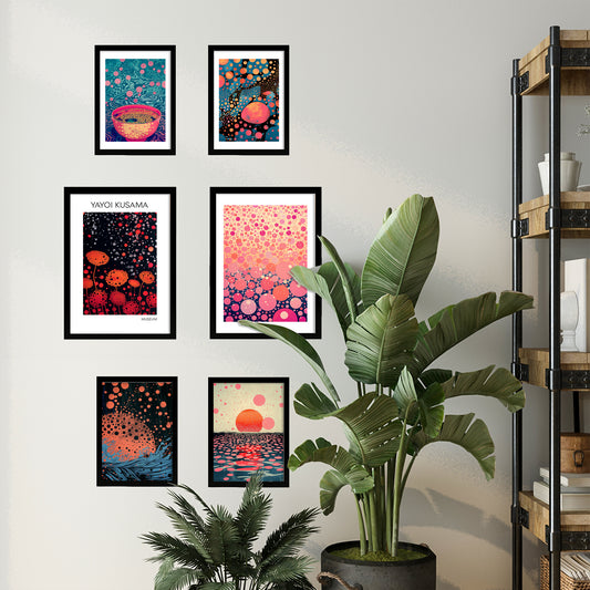 Set de 6 pósters estilo pop art japonés con ilustraciones de puntos y olas inspiradas en Yayoi Kusama en tonos rosa, naranja y azul para hogar moderno o tienda, 2 grandes y 4 medianos