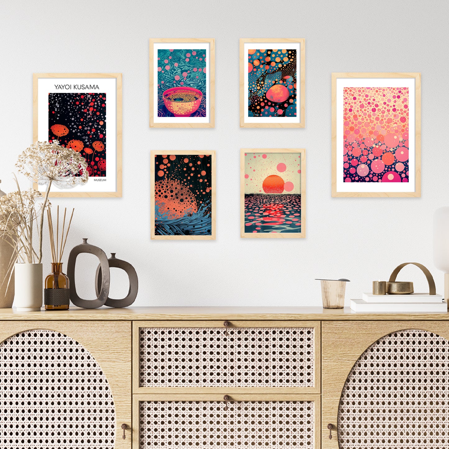 Set de 6 pósters estilo pop art japonés con ilustraciones de puntos y olas inspiradas en Yayoi Kusama en tonos rosa, naranja y azul para hogar moderno o tienda, 2 grandes y 4 medianos