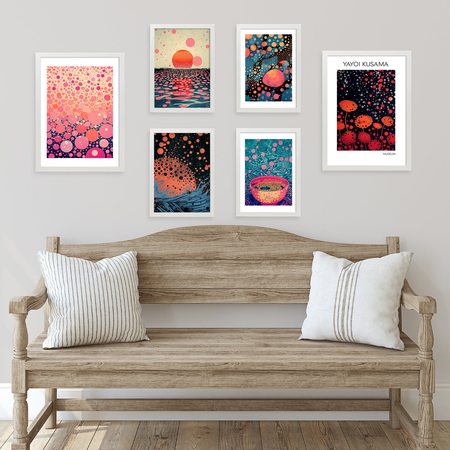 Set de 6 pósters estilo pop art japonés con ilustraciones de puntos y olas inspiradas en Yayoi Kusama en tonos rosa, naranja y azul para hogar moderno o tienda, 2 grandes y 4 medianos