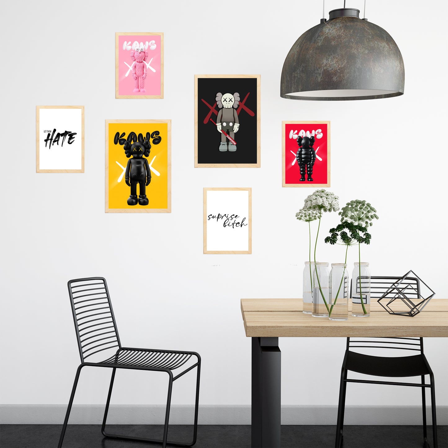 Set de 6 pósters Kaws modernos para pared estilo urbano pop art en colores rosa, negro, rojo y amarillo – ideal para salón, oficina o tienda – muñecos Kaws, frases atrevidas, diseño contemporáneo
