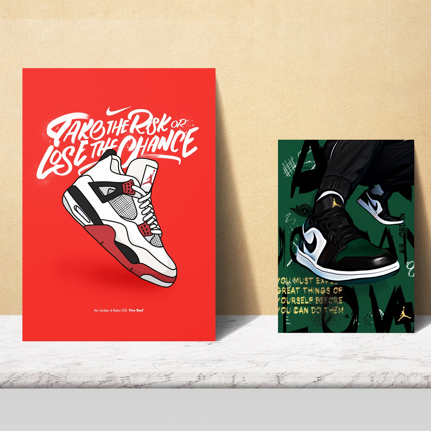 Set de 6 pósters de baloncesto con ilustraciones icónicas de estilo urbano en negro, rojo y amarillo para decorar habitaciones modernas, oficinas o tiendas: Jordan, King James, Kobe, zapatillas Nike – 2 grandes y 4 medianas