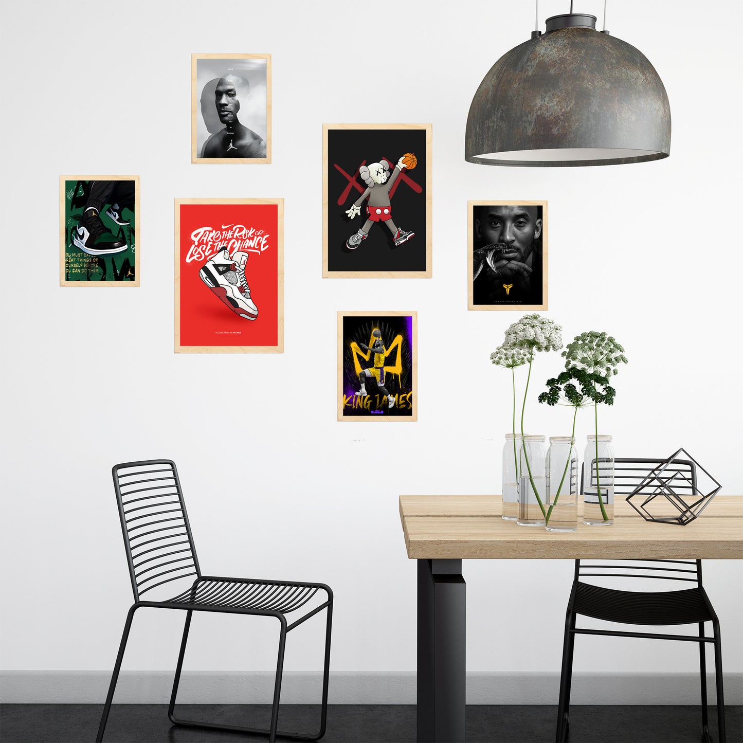 Set de 6 pósters de baloncesto con ilustraciones icónicas de estilo urbano en negro, rojo y amarillo para decorar habitaciones modernas, oficinas o tiendas: Jordan, King James, Kobe, zapatillas Nike – 2 grandes y 4 medianas