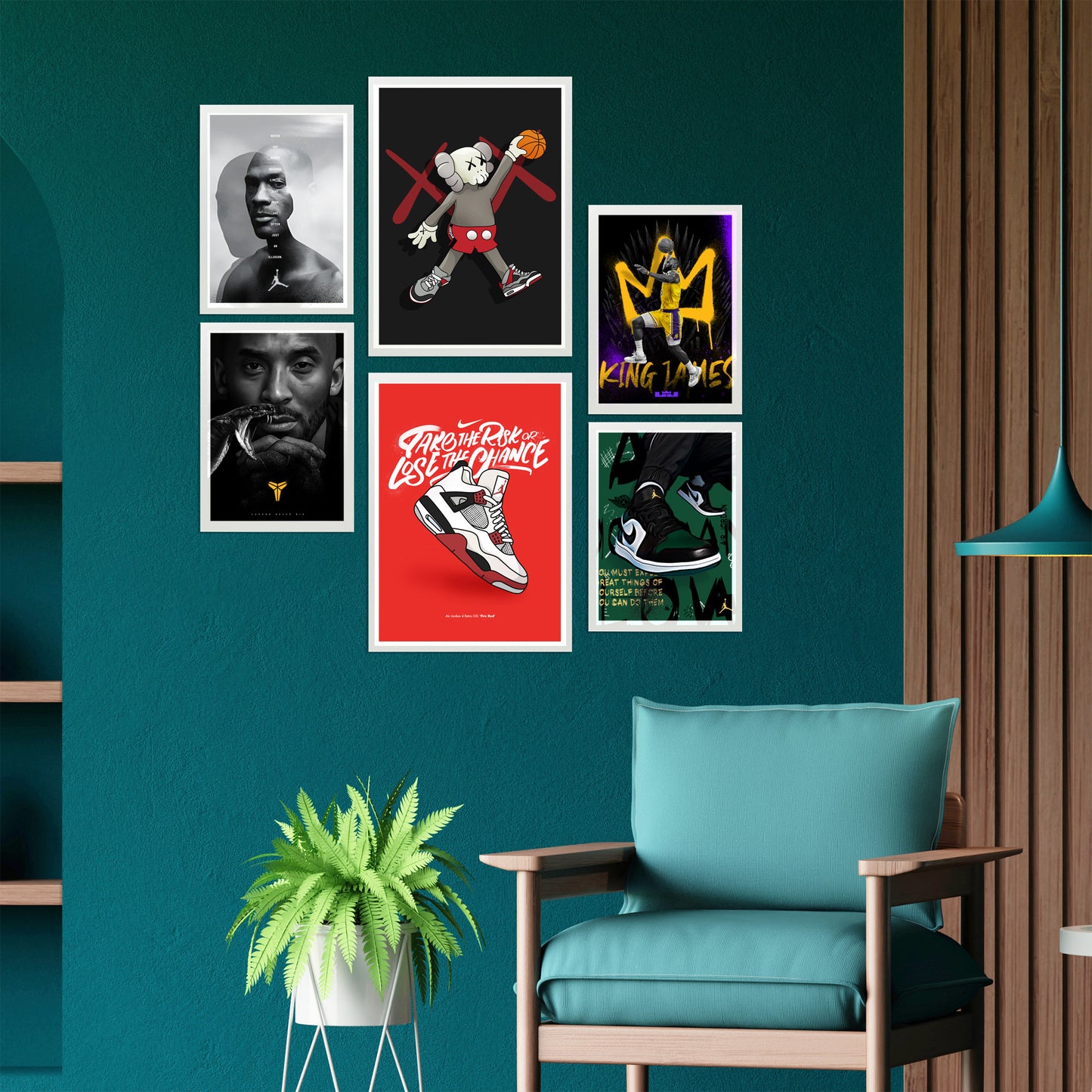 Set de 6 pósters de baloncesto con ilustraciones icónicas de estilo urbano en negro, rojo y amarillo para decorar habitaciones modernas, oficinas o tiendas: Jordan, King James, Kobe, zapatillas Nike – 2 grandes y 4 medianas