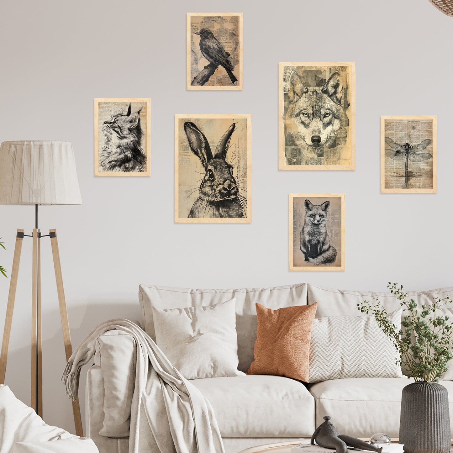 Animales Vintage - Láminas de Pájaro, Conejo, Libélula, Zorro, Lobo, Gato