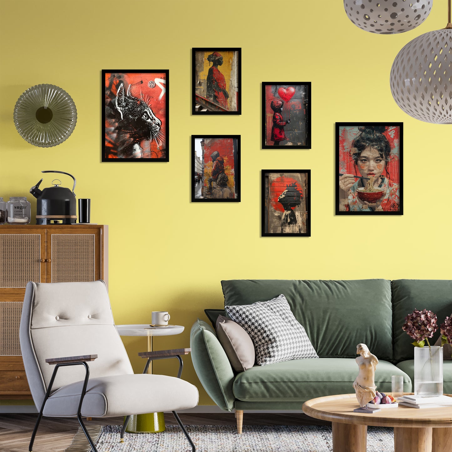 Arte callejero, grafiti rojos negros y amarillos estilo Banksy