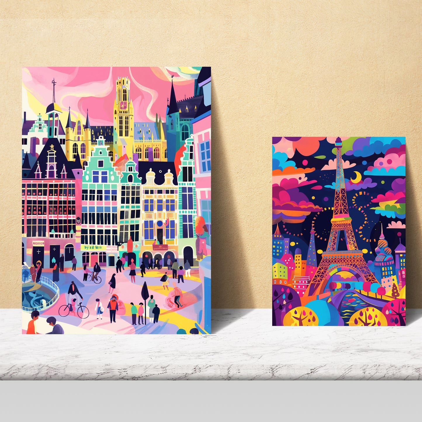 Monuments inspired by Mary Blair. Eiffel, Praga, Saint Michele, Alhambra, Belgium, Fushimi Inari