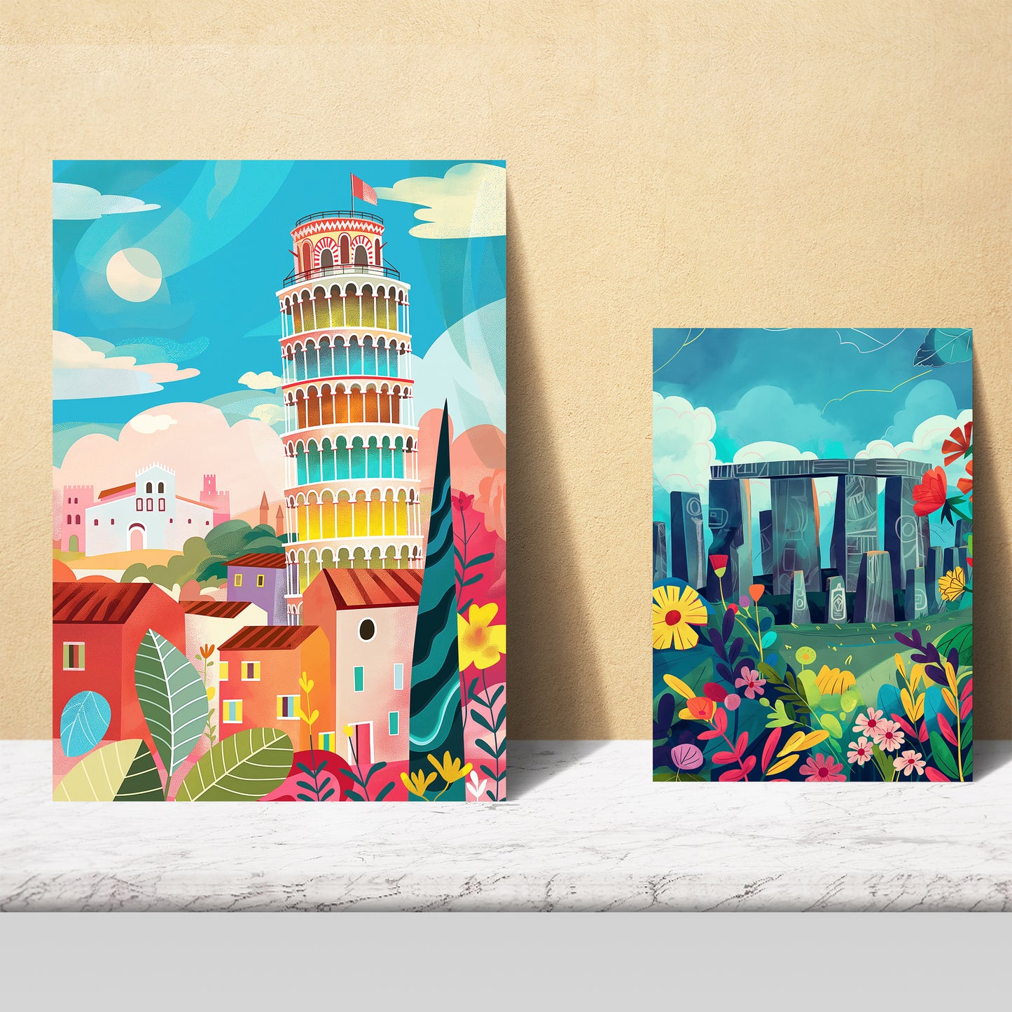 Monuments inspired by Mary Blair. Eiffel,Coliseo, Pisa, Golgen Gate, Stonehenge, Empire State