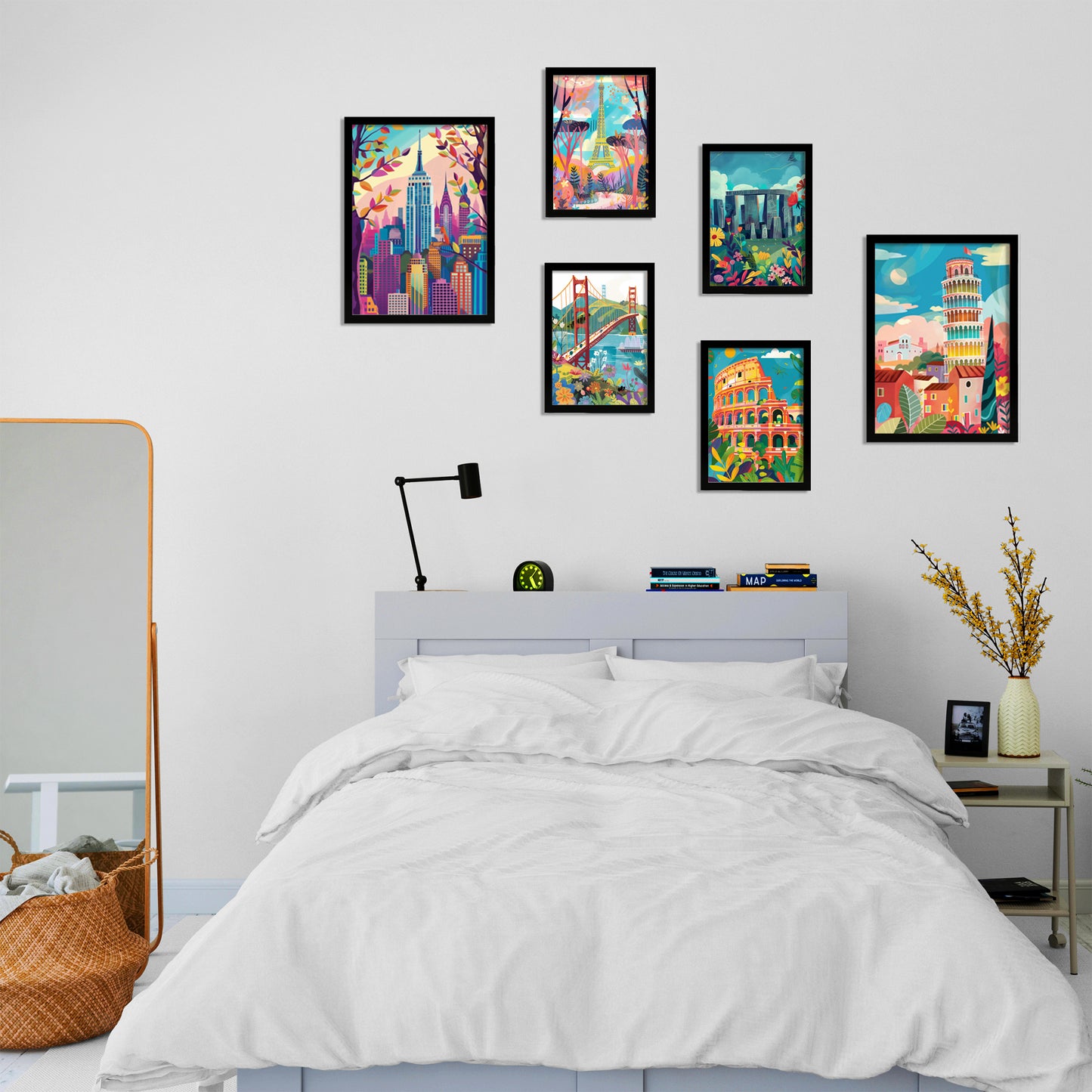 Monuments inspired by Mary Blair. Eiffel,Coliseo, Pisa, Golgen Gate, Stonehenge, Empire State
