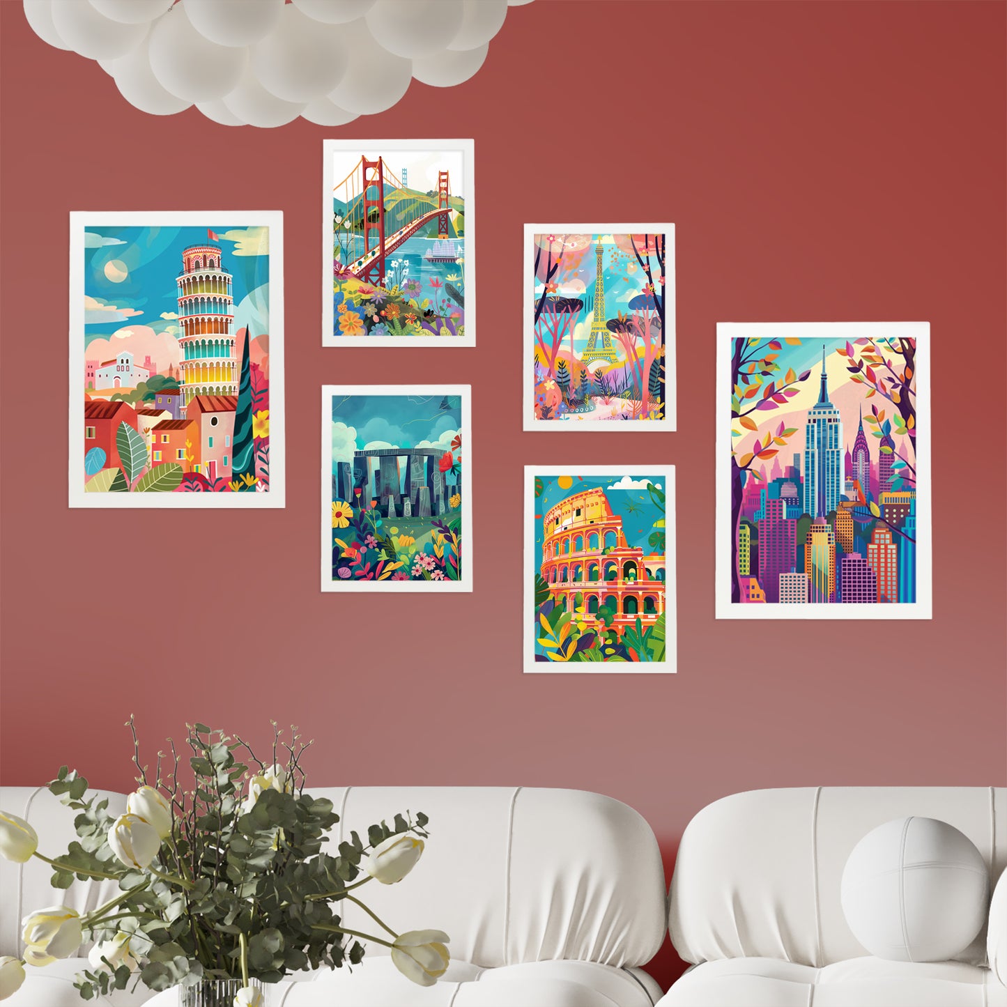Monuments inspired by Mary Blair. Eiffel,Coliseo, Pisa, Golgen Gate, Stonehenge, Empire State