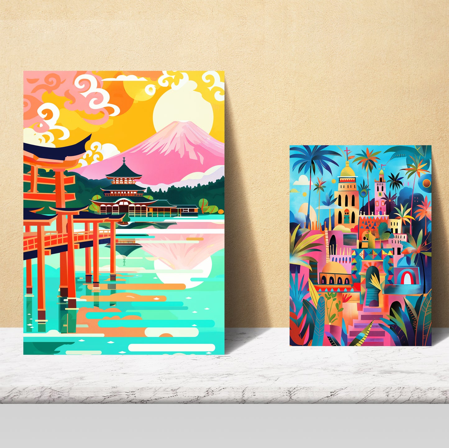 Monuments inspired by Mary Blair. Luxor, Big Ben, Egipto, Chichen Itza, Notre Dame, Itsukushim