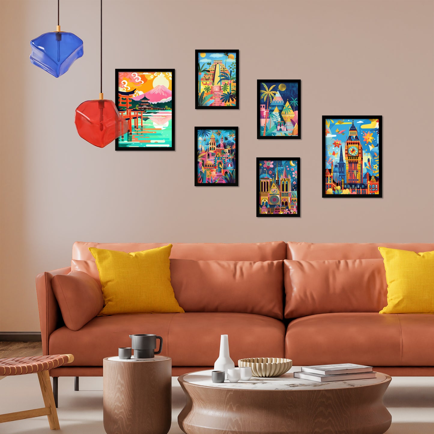 Monuments inspired by Mary Blair. Luxor, Big Ben, Egipto, Chichen Itza, Notre Dame, Itsukushim
