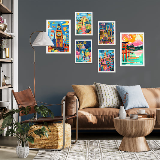 Monuments inspired by Mary Blair. Luxor, Big Ben, Egipto, Chichen Itza, Notre Dame, Itsukushim