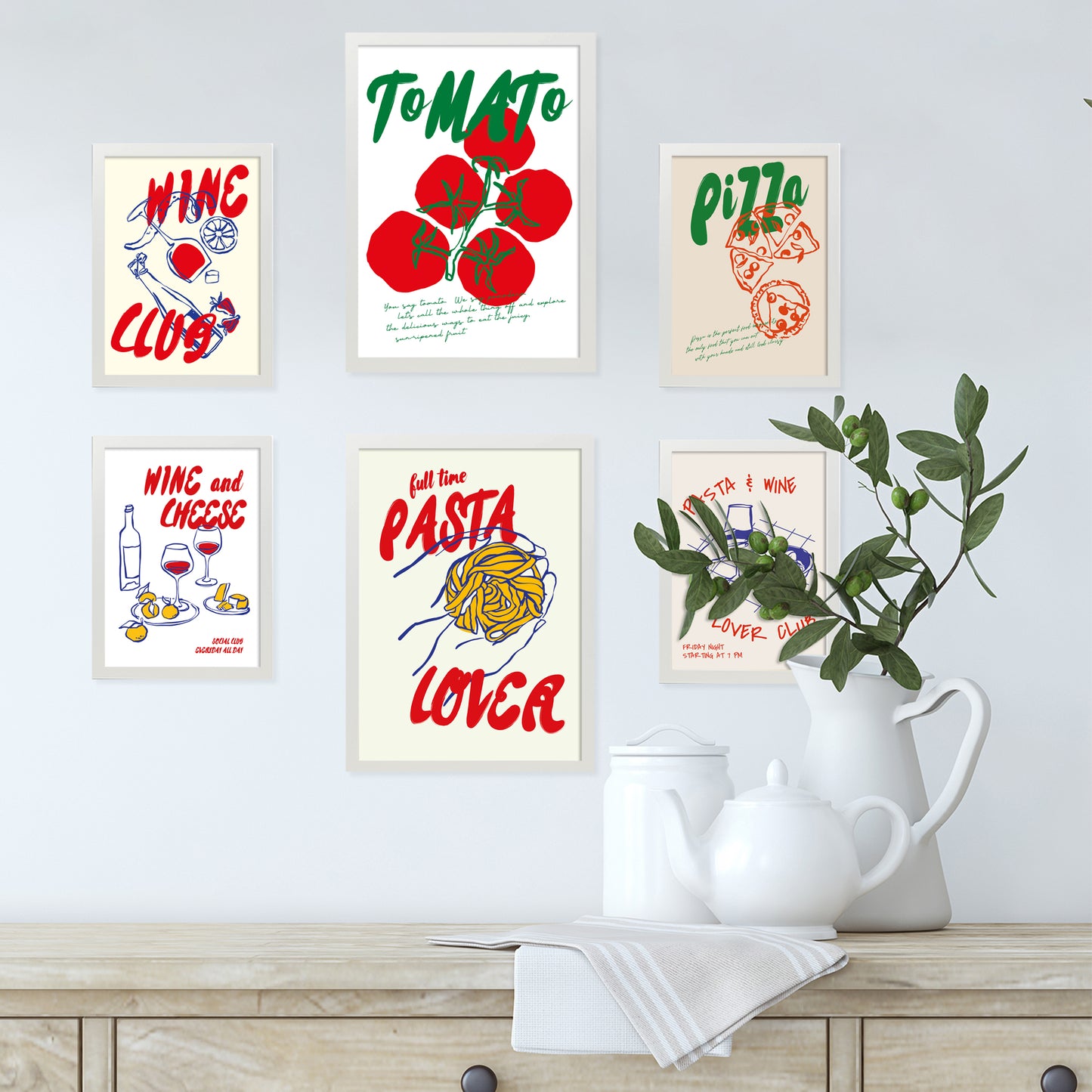 Ilustraciones de alimentos y comida estilo pop art tomate pasta y pizza