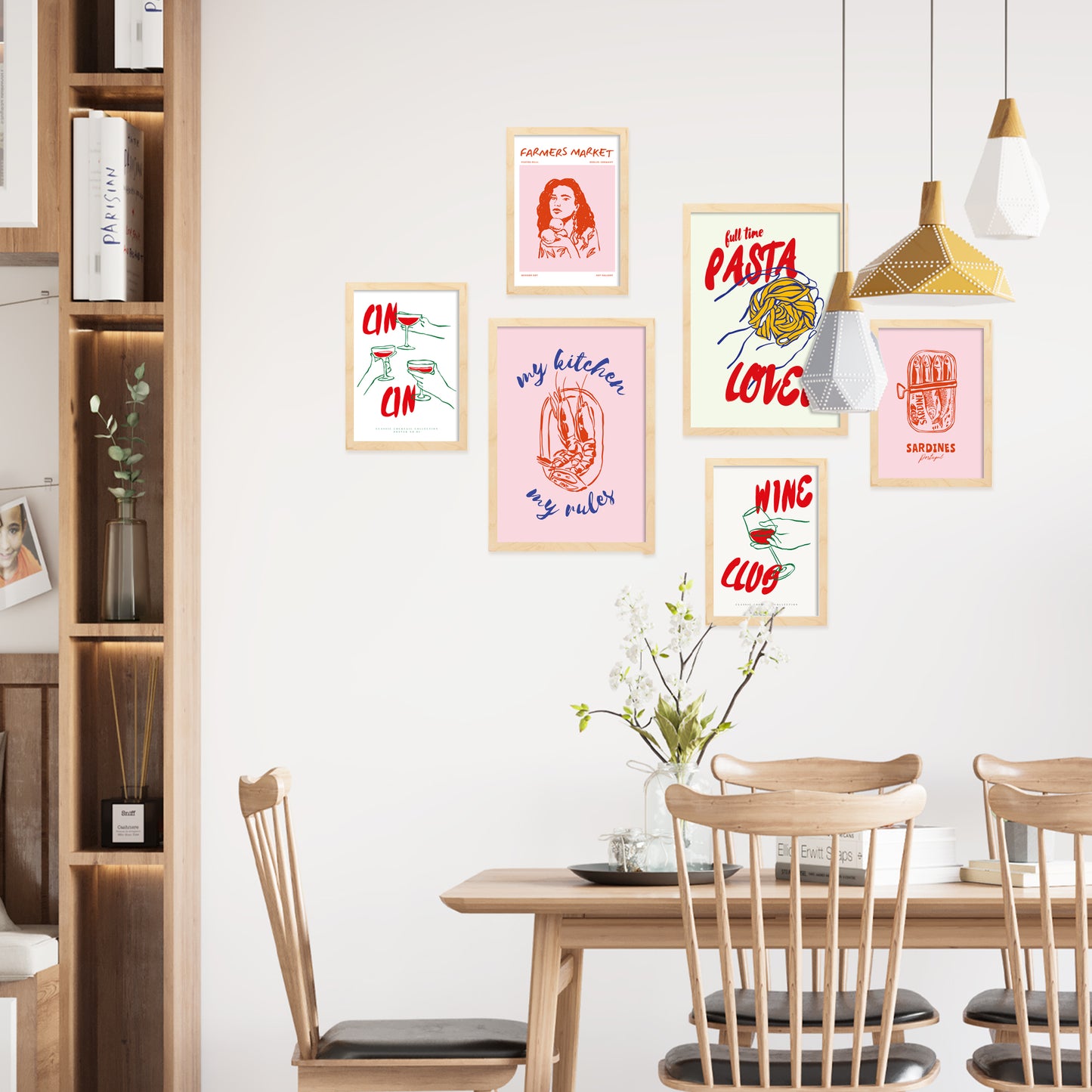 Ilustraciones de alimentos y comida estilo pop art tonos rosas