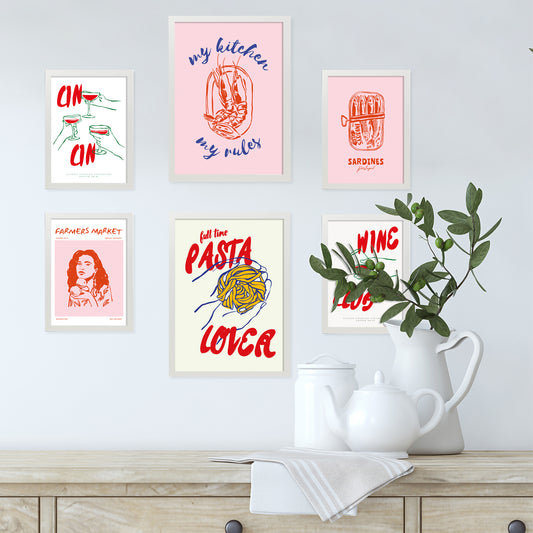 Ilustraciones de alimentos y comida estilo pop art tonos rosas