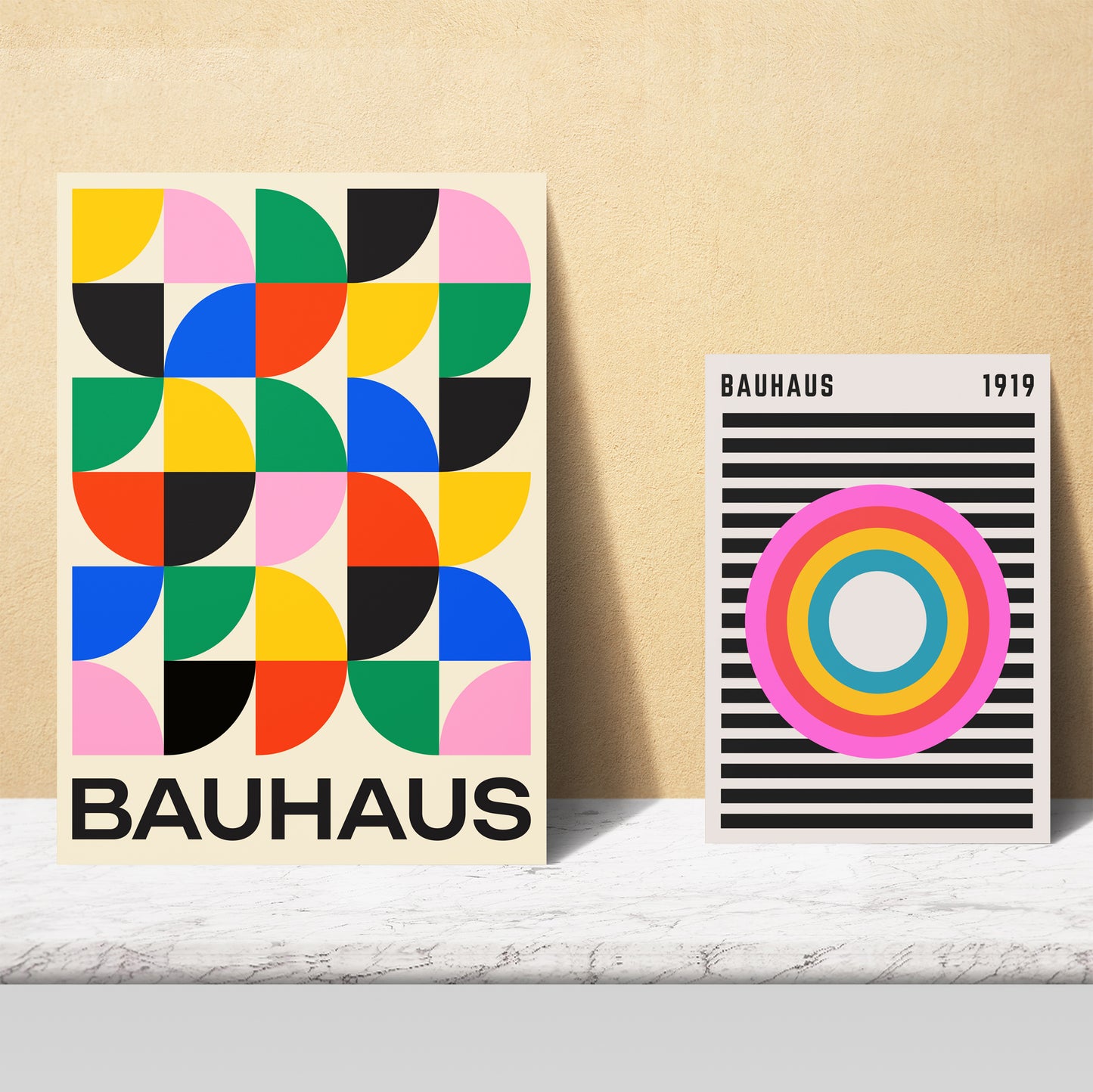 Set de 6 pósters Bauhaus con formas geométricas coloridas estilo moderno abstracto – ideal para salón, despacho, dormitorio o espacios creativos – círculos, ojos, líneas y bloques en rosa, rojo, azul, verde, amarillo, naranja