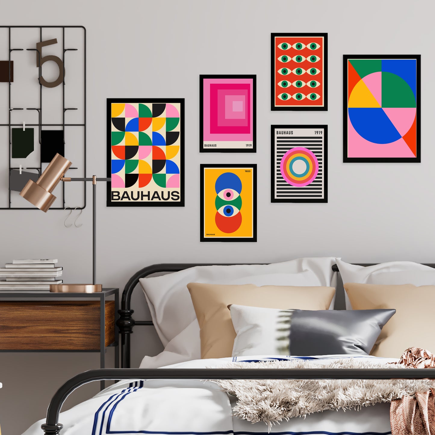 Set de 6 pósters Bauhaus con formas geométricas coloridas estilo moderno abstracto – ideal para salón, despacho, dormitorio o espacios creativos – círculos, ojos, líneas y bloques en rosa, rojo, azul, verde, amarillo, naranja