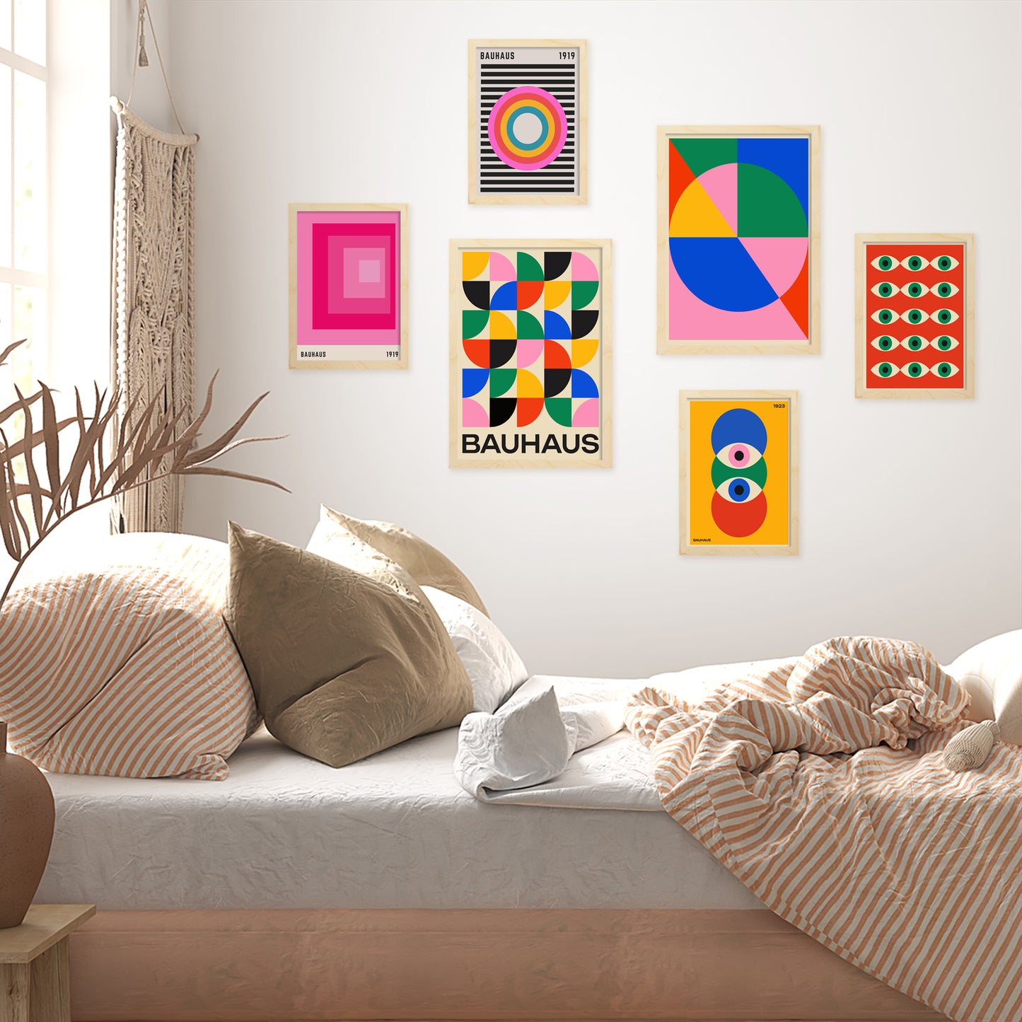 Set de 6 pósters Bauhaus con formas geométricas coloridas estilo moderno abstracto – ideal para salón, despacho, dormitorio o espacios creativos – círculos, ojos, líneas y bloques en rosa, rojo, azul, verde, amarillo, naranja