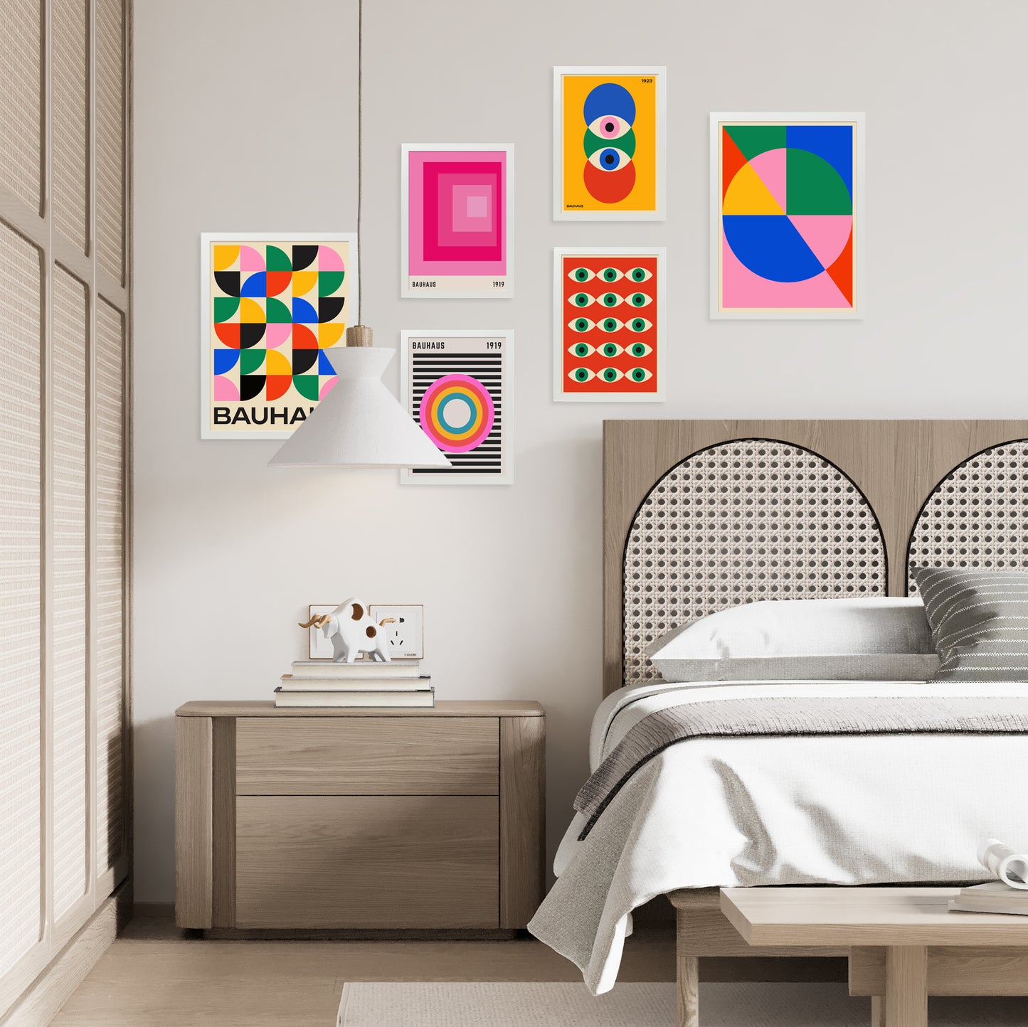 Set de 6 pósters Bauhaus con formas geométricas coloridas estilo moderno abstracto – ideal para salón, despacho, dormitorio o espacios creativos – círculos, ojos, líneas y bloques en rosa, rojo, azul, verde, amarillo, naranja
