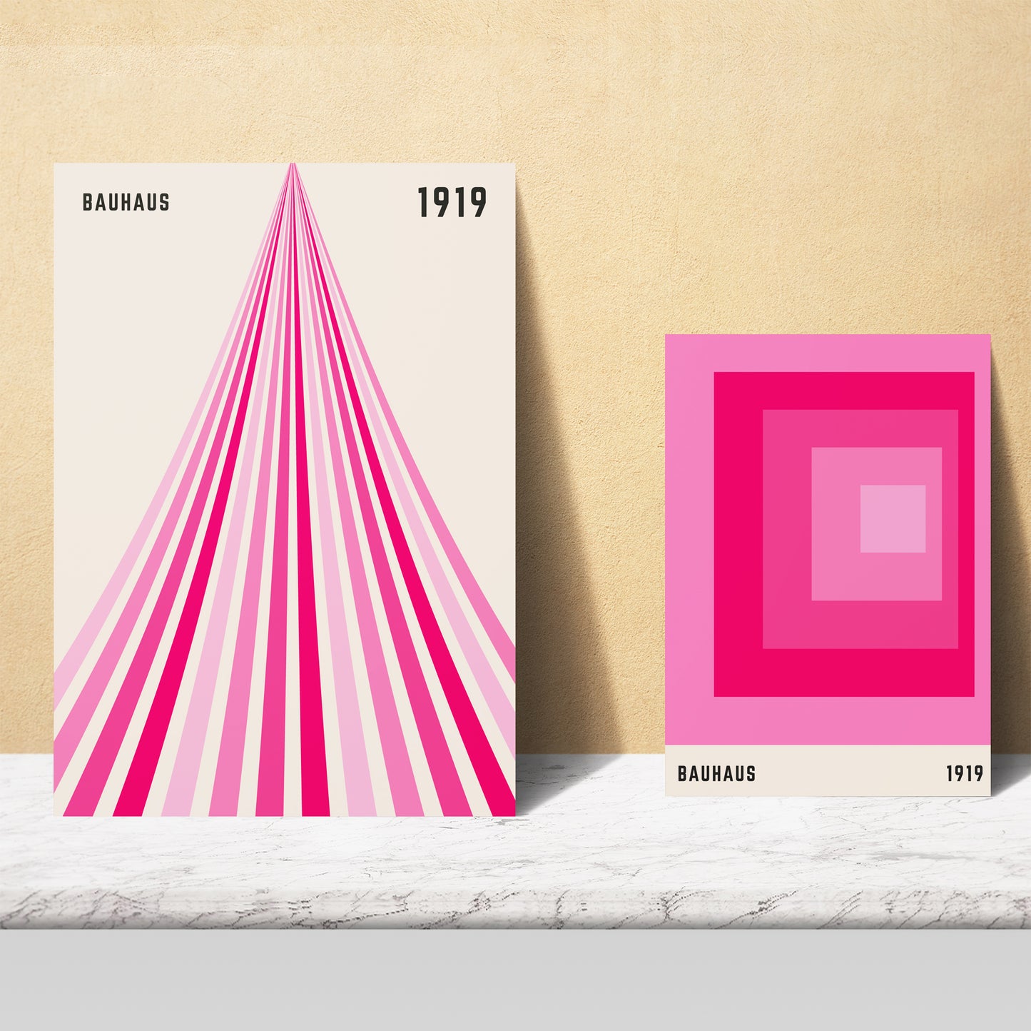 Set de 6 pósters Bauhaus geométricos en rosa y fucsia. Diseños modernos con formas abstractas para decorar habitaciones, oficina o espacios creativos. Tamaños A3 y A4.