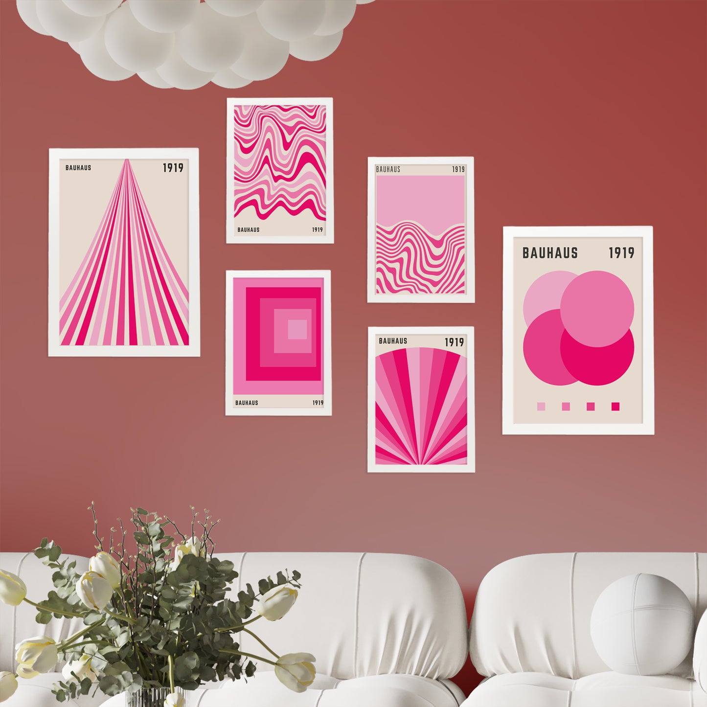 Set de 6 pósters Bauhaus geométricos en rosa y fucsia. Diseños modernos con formas abstractas para decorar habitaciones, oficina o espacios creativos. Tamaños A3 y A4.