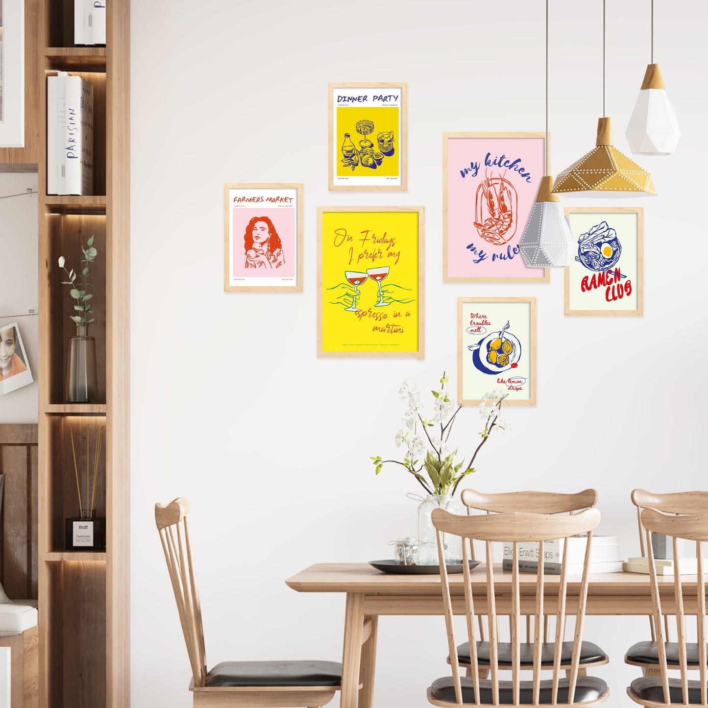 Ilustraciones de alimentos y comida estilo pop art y vino