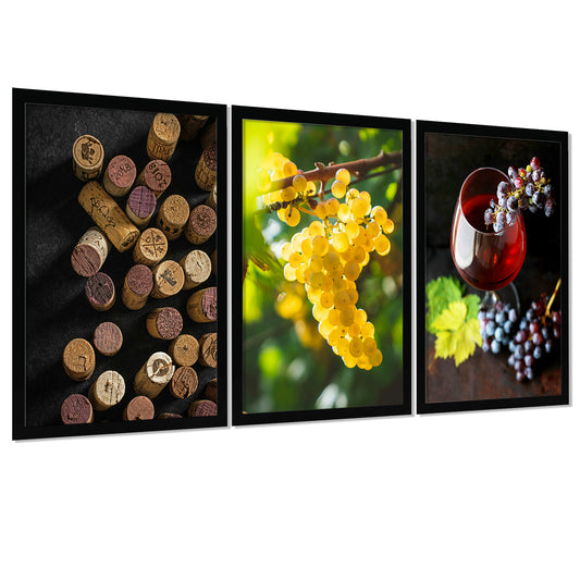 Set de 3 Cuadros de Uvas de Viñedo y Corcho Ilustración impresa en estilo Fotográfico para decorar Cocina, Despensa, Cortijo, Comedor, Restaurante