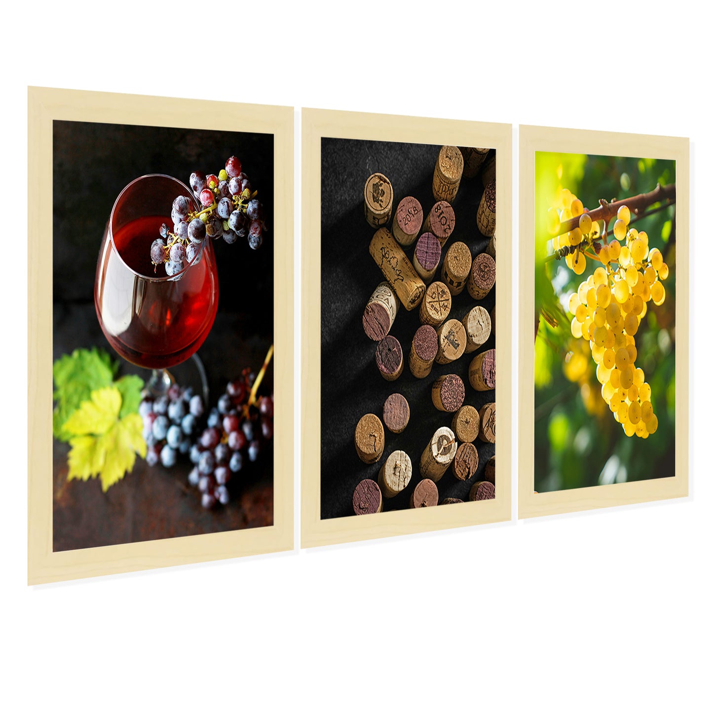 Set de 3 Cuadros de Uvas de Viñedo y Corcho Ilustración impresa en estilo Fotográfico para decorar Cocina, Despensa, Cortijo, Comedor, Restaurante