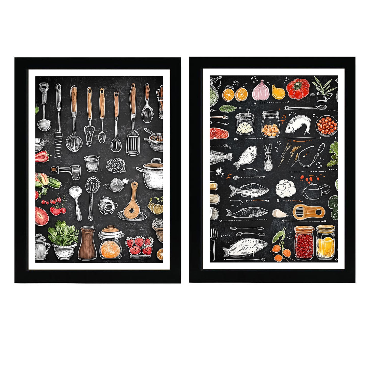 Set de 2 Cuadros Elementos de Cocina Ingredientes y Herramientas Poster Print ilustración para decorar las paredes de Cocina, Despensa, Comedor, Restaurante