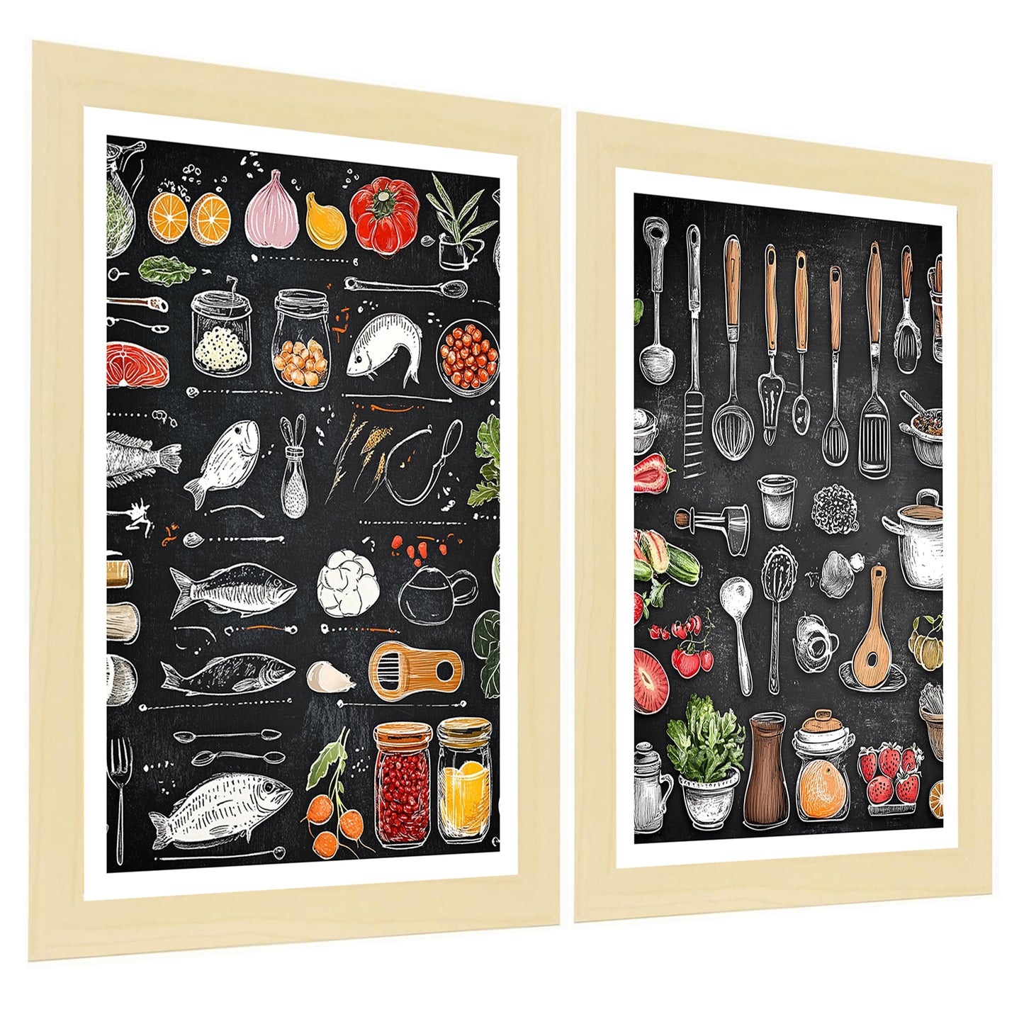 Set de 2 Cuadros Elementos de Cocina Ingredientes y Herramientas Poster Print ilustración para decorar las paredes de Cocina, Despensa, Comedor, Restaurante