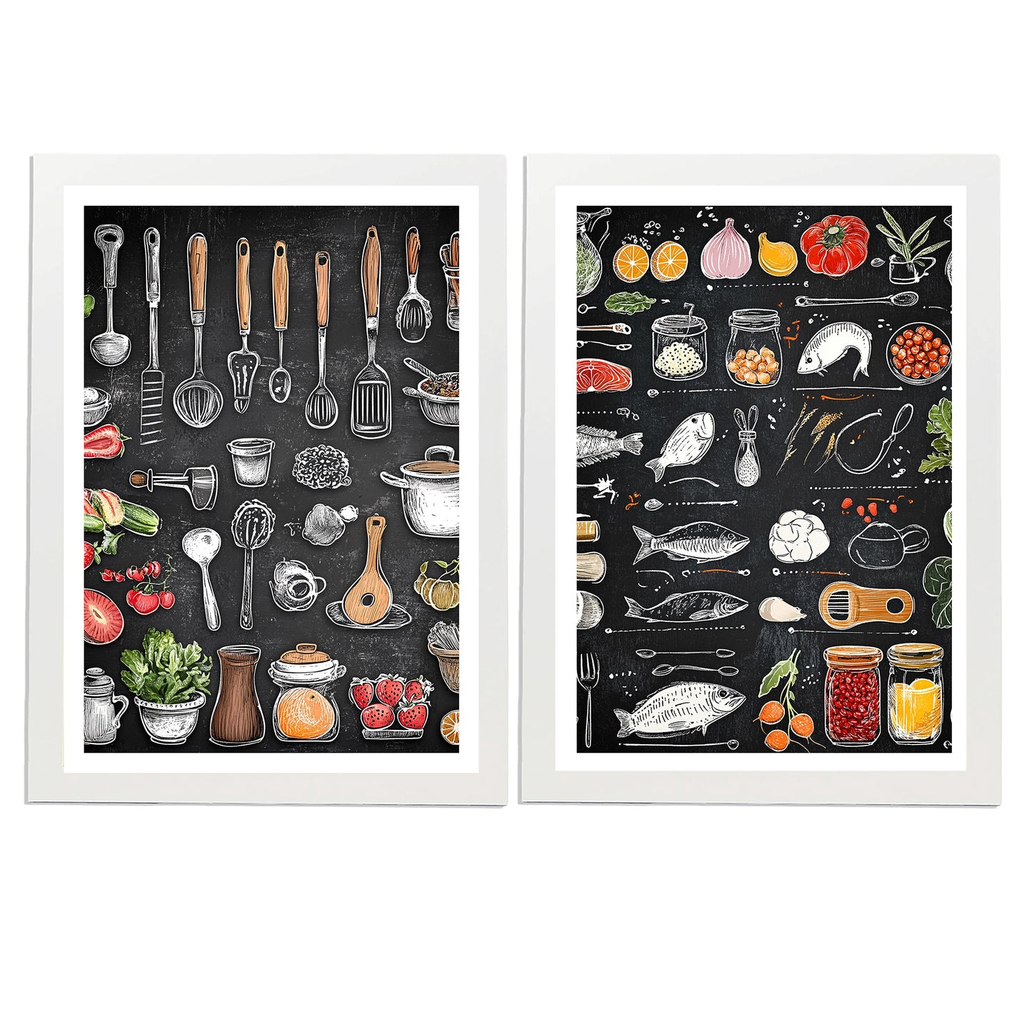 Set de 2 Cuadros Elementos de Cocina Ingredientes y Herramientas Poster Print ilustración para decorar las paredes de Cocina, Despensa, Comedor, Restaurante