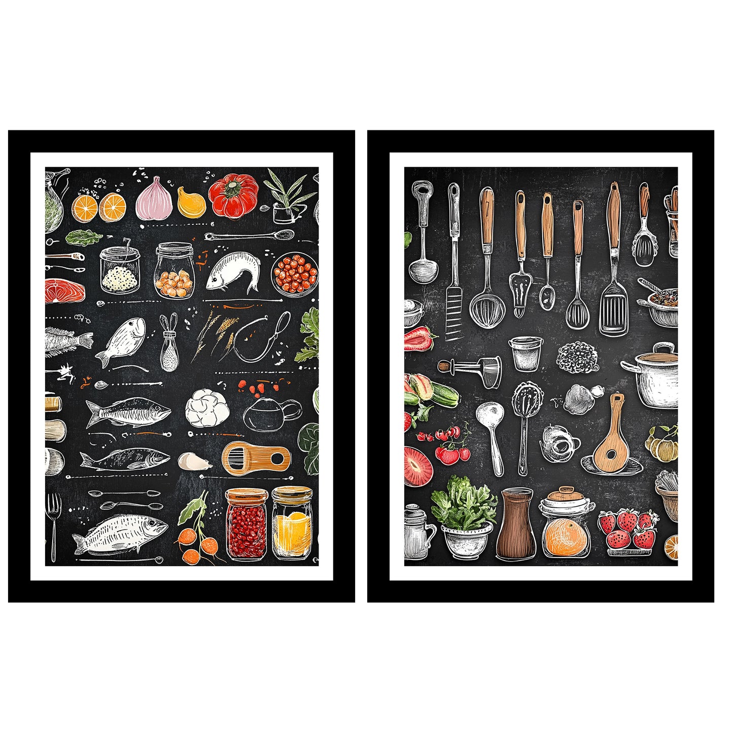 Set de 2 Cuadros Elementos de Cocina Ingredientes y Herramientas Poster Print ilustración para decorar las paredes de Cocina, Despensa, Comedor, Restaurante
