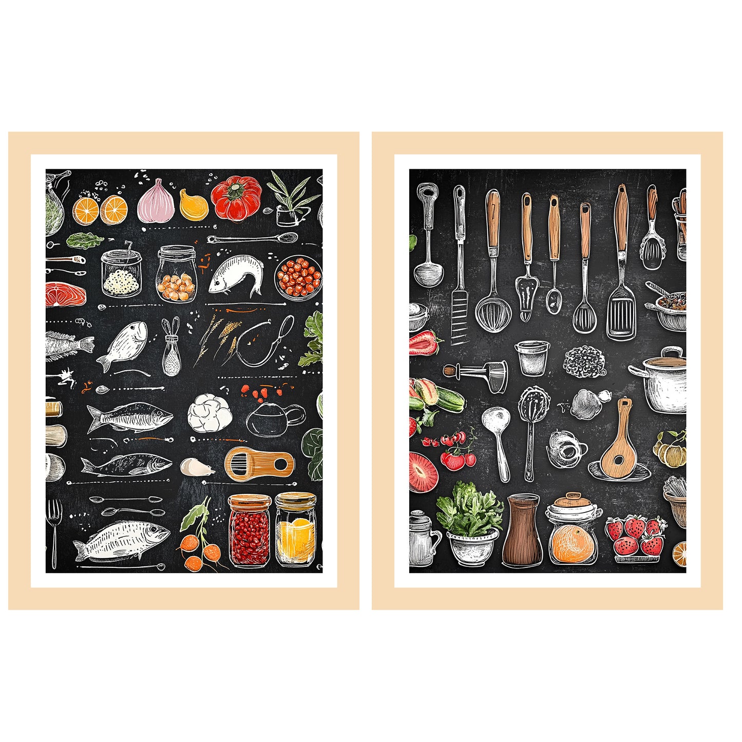Set de 2 Cuadros Elementos de Cocina Ingredientes y Herramientas Poster Print ilustración para decorar las paredes de Cocina, Despensa, Comedor, Restaurante