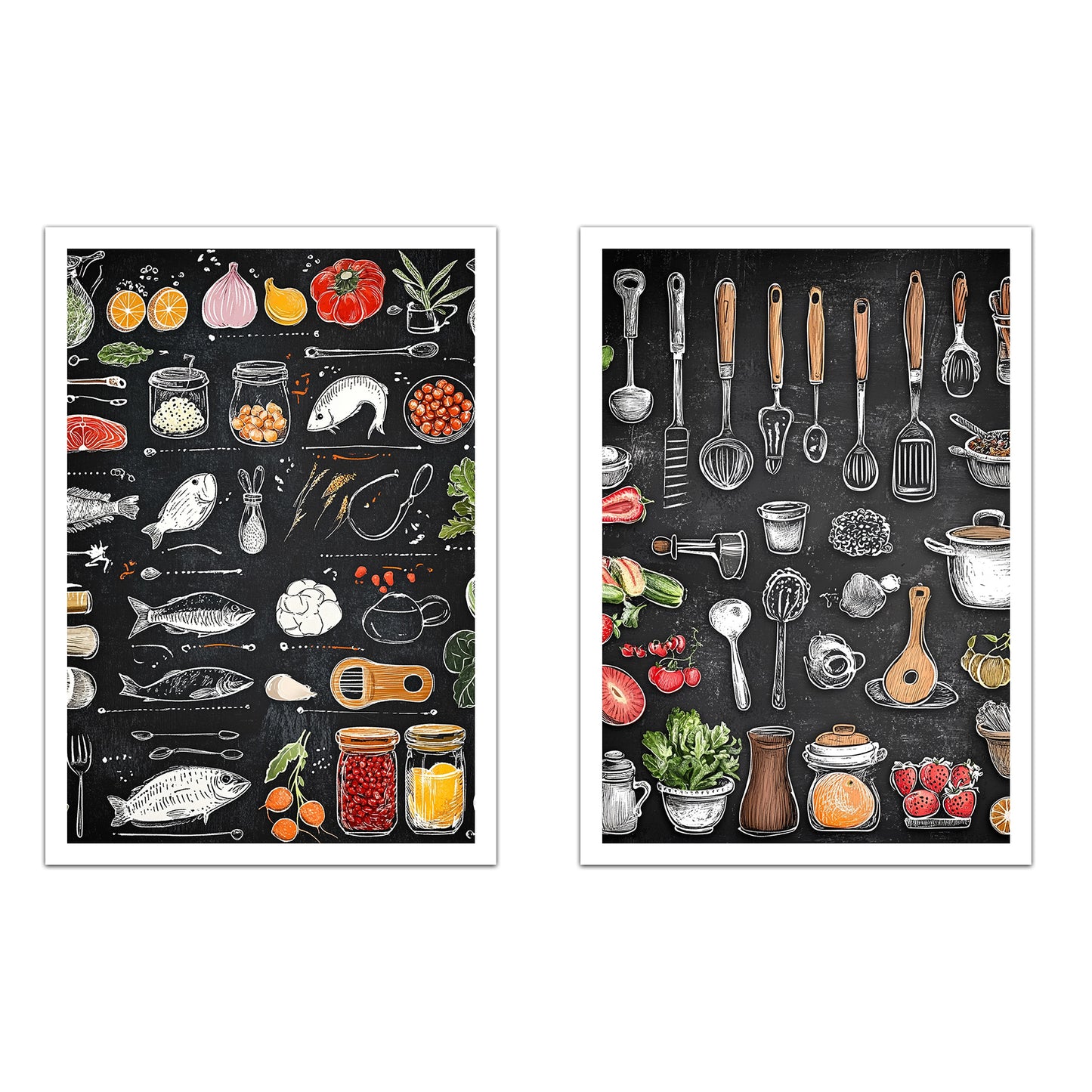Set de 2 Cuadros Elementos de Cocina Ingredientes y Herramientas Poster Print ilustración para decorar las paredes de Cocina, Despensa, Comedor, Restaurante