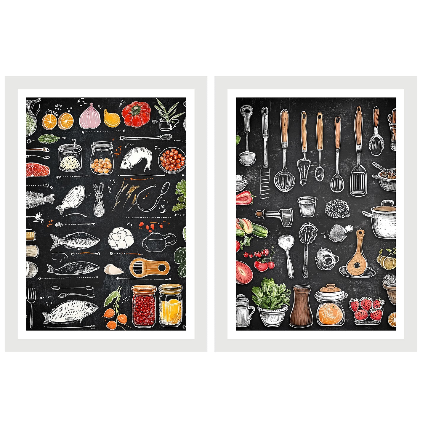 Set de 2 Cuadros Elementos de Cocina Ingredientes y Herramientas Poster Print ilustración para decorar las paredes de Cocina, Despensa, Comedor, Restaurante