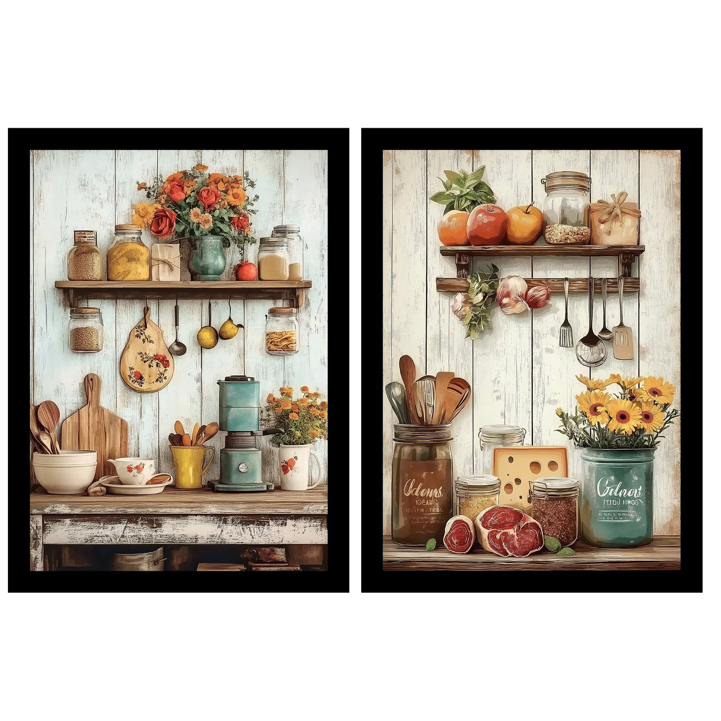 Set de 2 Cuadros de Cocina Rústica Impresión Ilustración en Estilo Campestre Arte de Pared para Decoración de Cocina, Despensa, Comedor, Restaurante