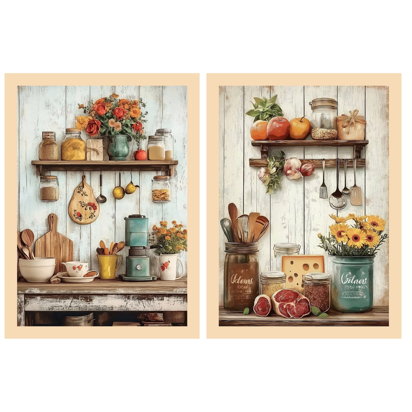 Set de 2 Cuadros de Cocina Rústica Impresión Ilustración en Estilo Campestre Arte de Pared para Decoración de Cocina, Despensa, Comedor, Restaurante
