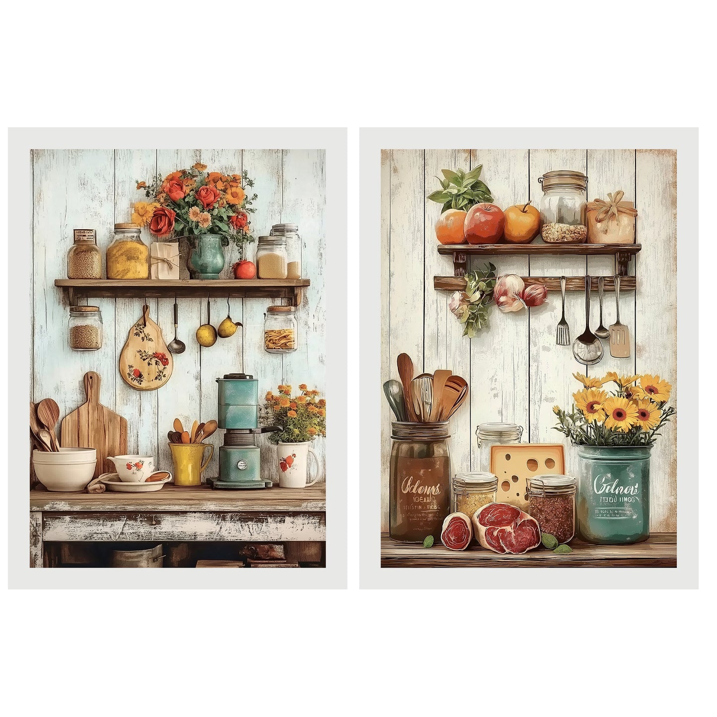 Set de 2 Cuadros de Cocina Rústica Impresión Ilustración en Estilo Campestre Arte de Pared para Decoración de Cocina, Despensa, Comedor, Restaurante