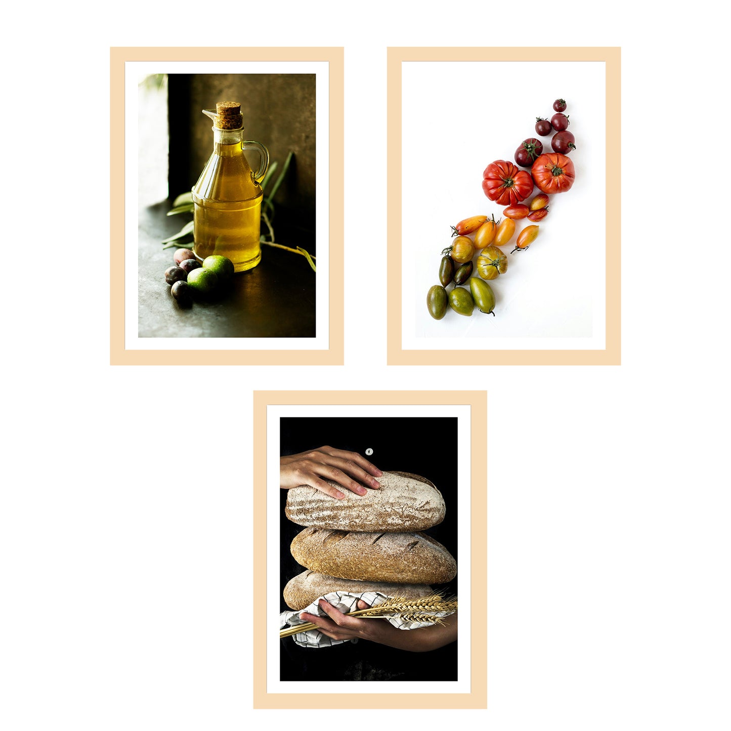 Set de 3 Cuadros de Cocina Mediterránea, Pan, Aceite de Oliva, Verduras Ilustración impresa en estilo Fotográfico para decorar Cocina, Despensa, Comedor, Restaurante, Cafetería