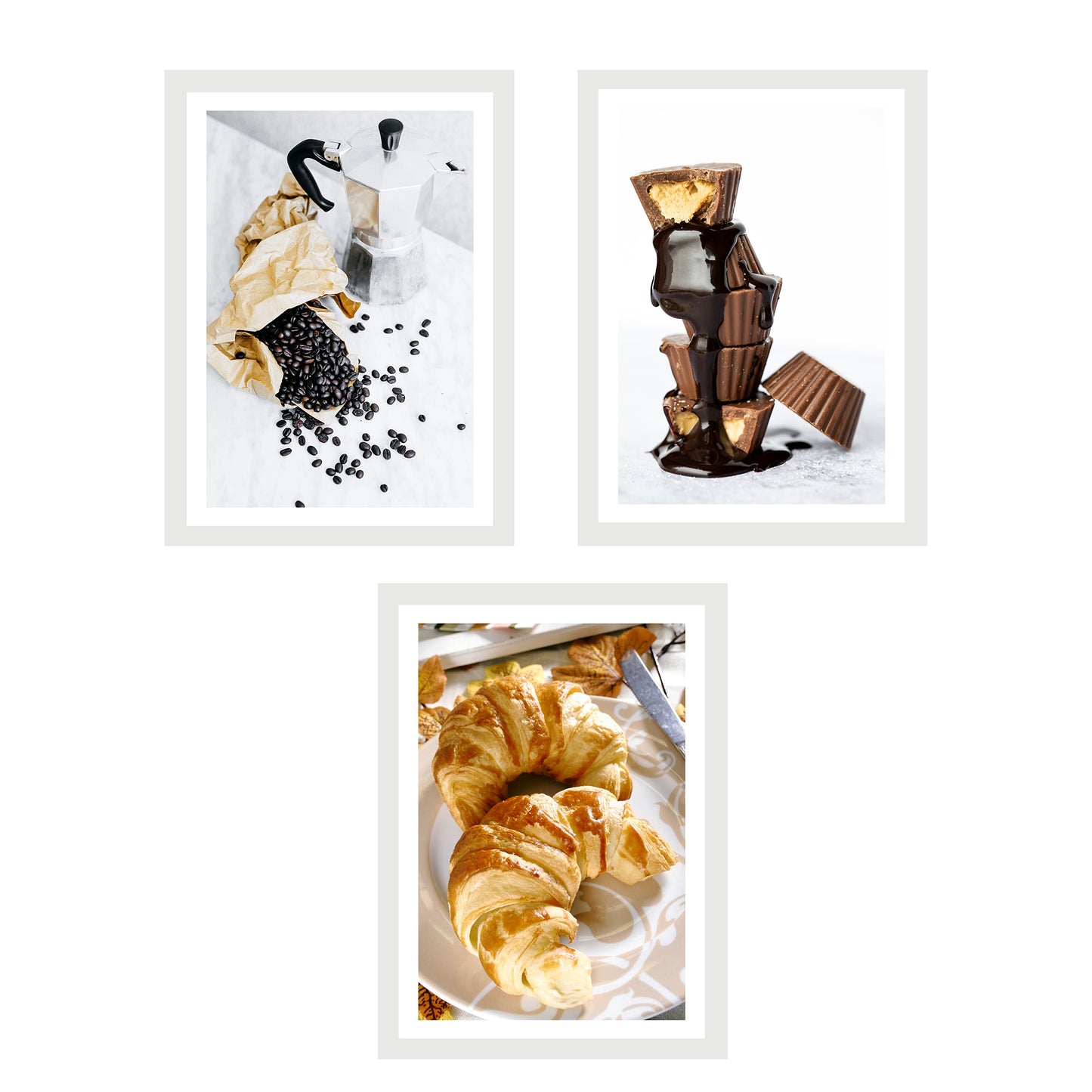 Set de 3 Cuadros Desayuno Mañana Café, Muffins, Croissant Ilustración impresa en estilo Fotográfico para decorar las paredes de Cocina, Despensa, Comedor, Restaurante