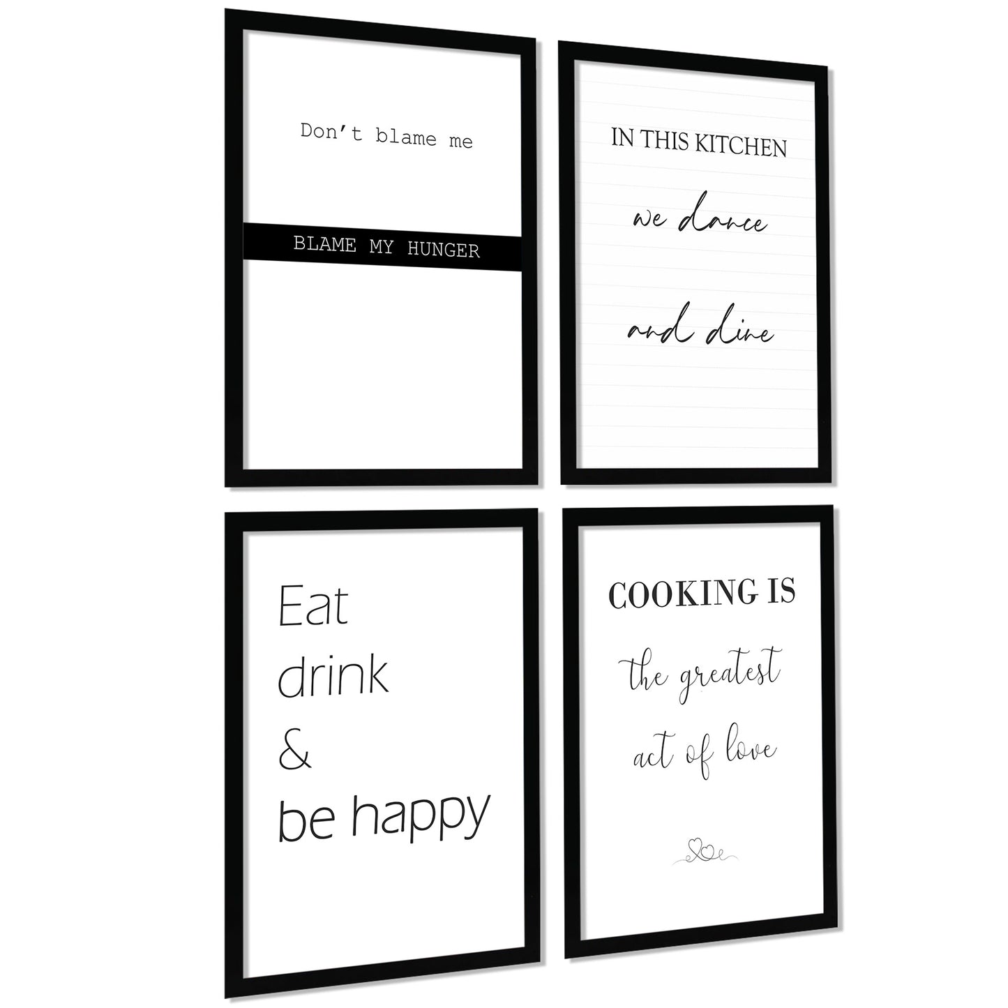 Set de 4 Cuadros Frases de Cocina Mensajes Póster Impresión Ilustración Letreros en Blanco y Negro Estilo moderno para decorar Cocina, Despensa, Comedor, Restaurante
