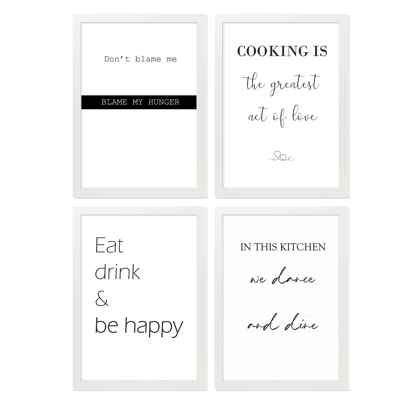 Set de 4 Cuadros Frases de Cocina Mensajes Póster Impresión Ilustración Letreros en Blanco y Negro Estilo moderno para decorar Cocina, Despensa, Comedor, Restaurante
