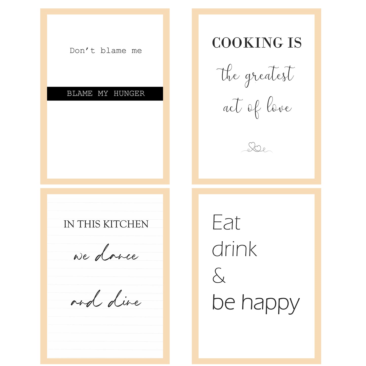 Set de 4 Cuadros Frases de Cocina Mensajes Póster Impresión Ilustración Letreros en Blanco y Negro Estilo moderno para decorar Cocina, Despensa, Comedor, Restaurante