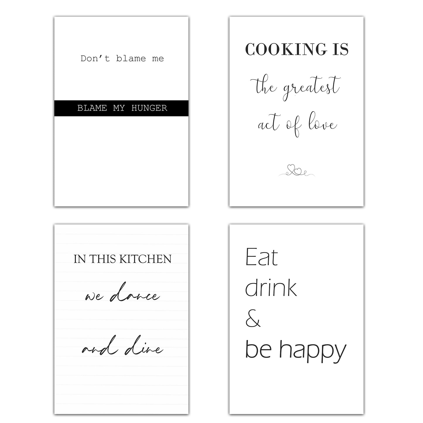 Set de 4 Cuadros Frases de Cocina Mensajes Póster Impresión Ilustración Letreros en Blanco y Negro Estilo moderno para decorar Cocina, Despensa, Comedor, Restaurante