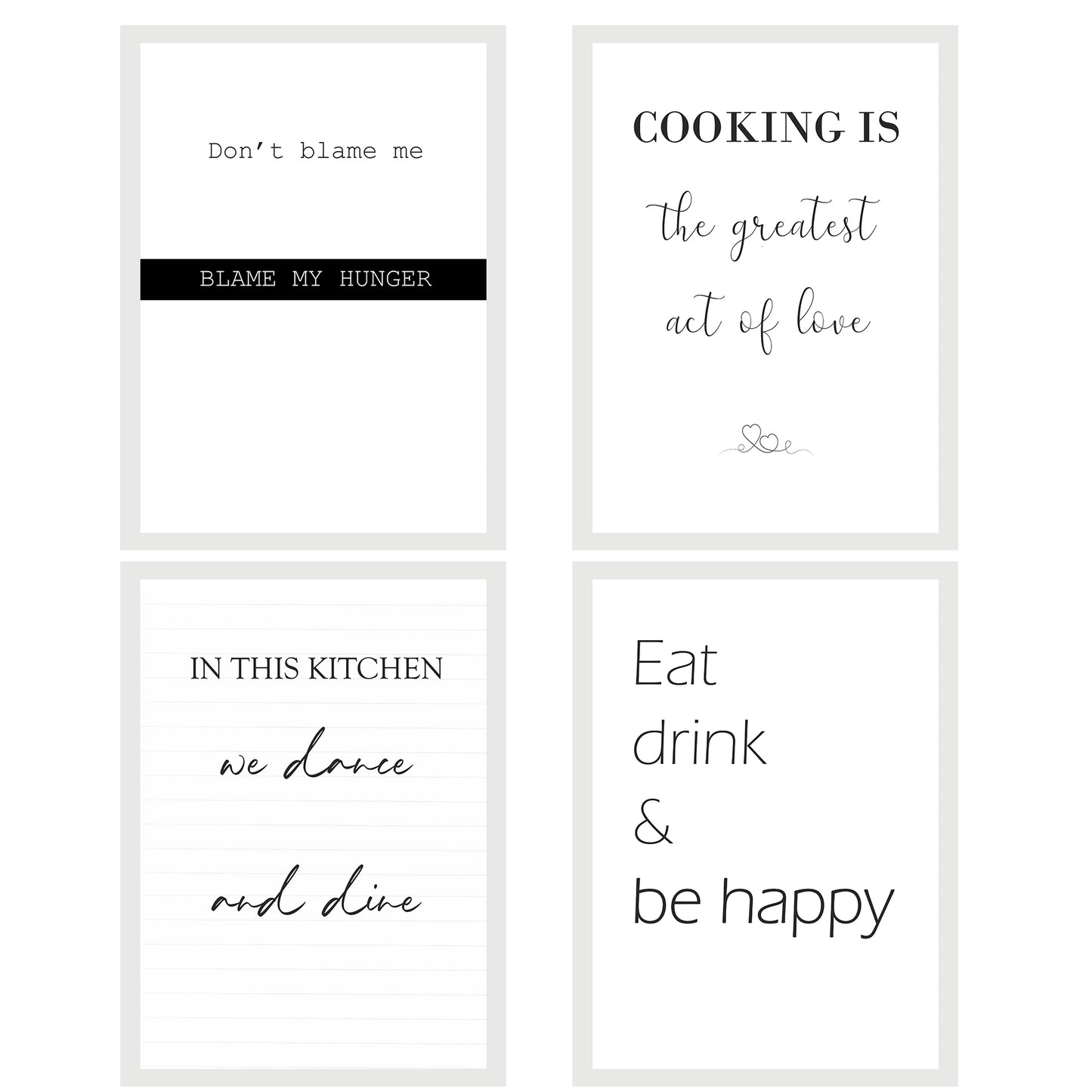 Set de 4 Cuadros Frases de Cocina Mensajes Póster Impresión Ilustración Letreros en Blanco y Negro Estilo moderno para decorar Cocina, Despensa, Comedor, Restaurante