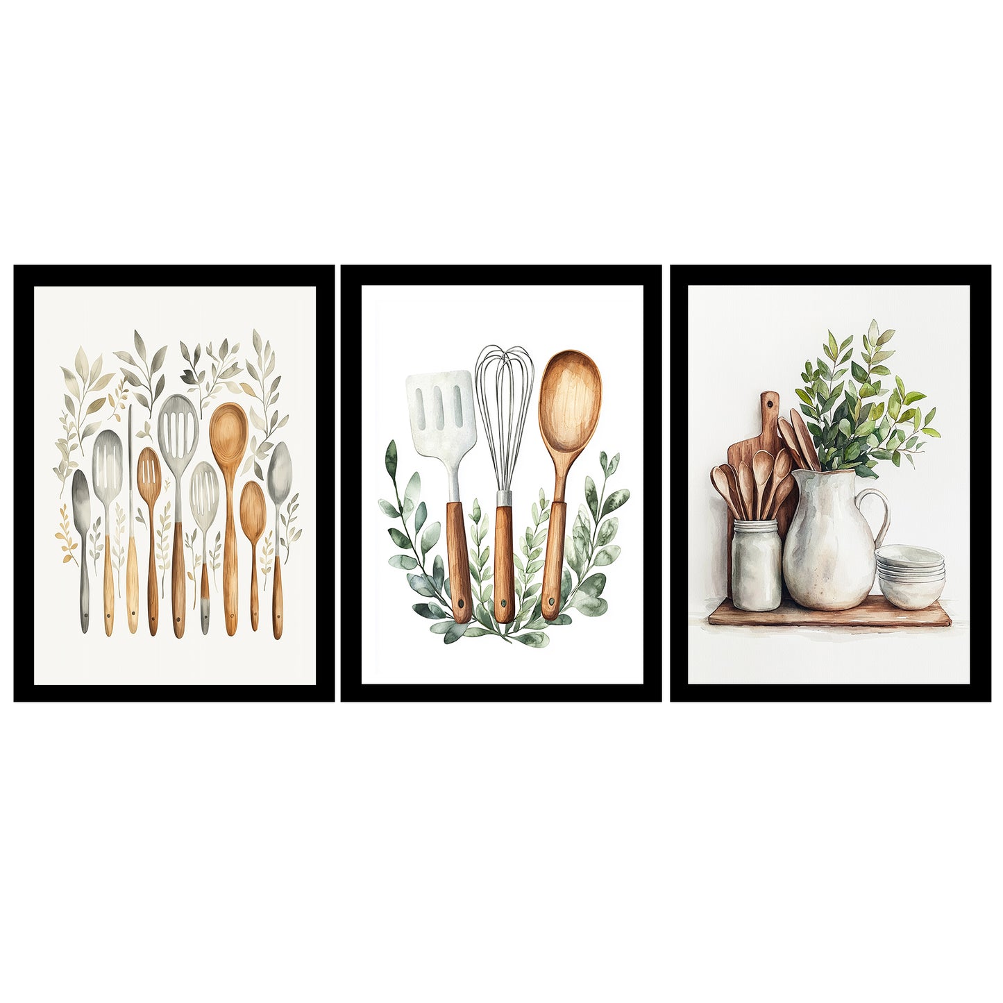 Set de 3 Cuadros Utensilios y herramientas de Cocina Póster en Acuarela con Ilustración impresa para decorar las paredes de la Cocina, Despensa, Comedor, Restaurante