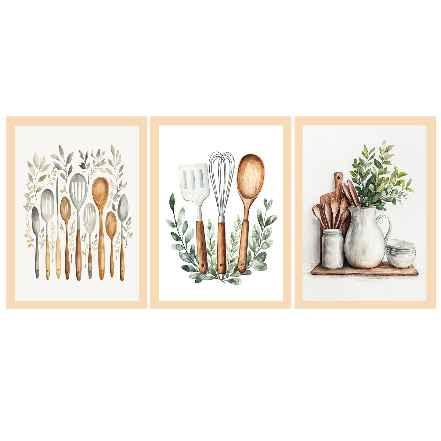 Set de 3 Cuadros Utensilios y herramientas de Cocina Póster en Acuarela con Ilustración impresa para decorar las paredes de la Cocina, Despensa, Comedor, Restaurante